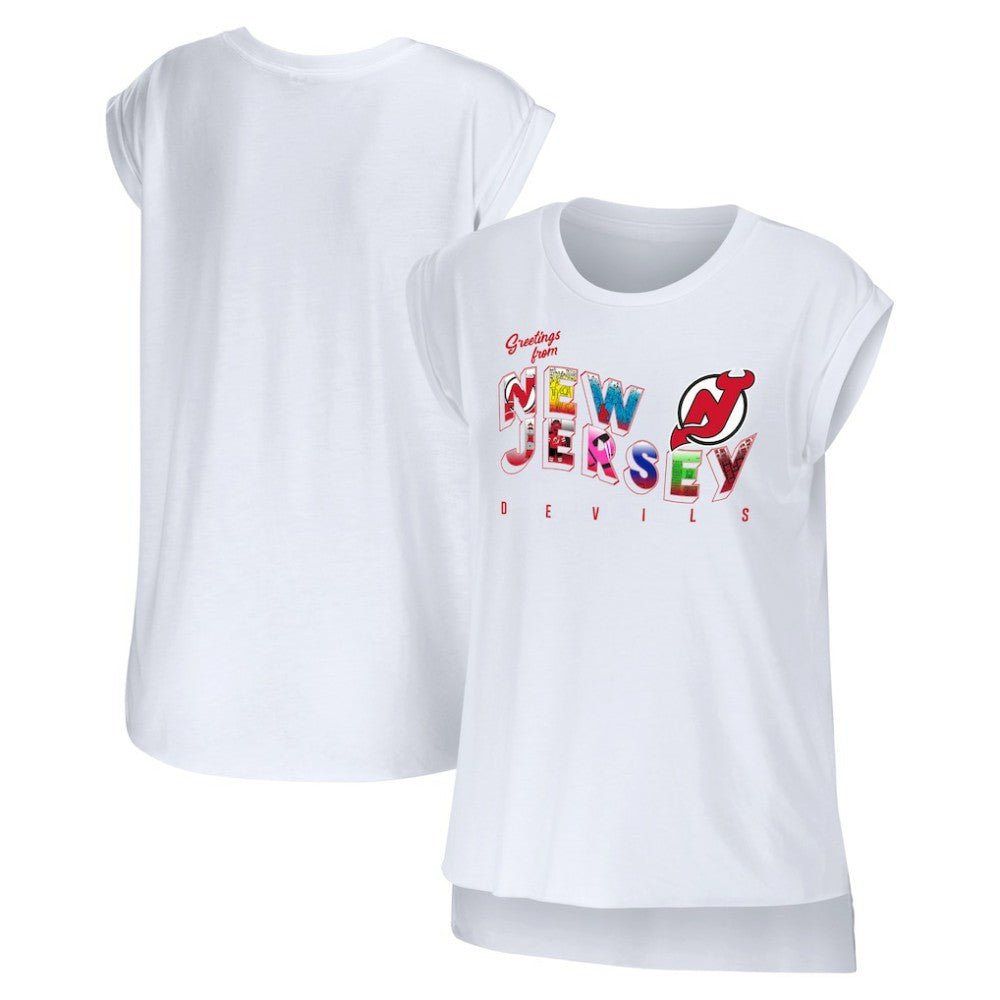 New Jersey Devils WEAR by Erin Andrews Women's Greetings From Muscle T-Shirt - White | NHL near me