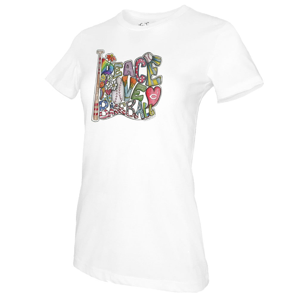 Cincinnati Reds Tiny Turnip Women's Peace Love Baseball T-Shirt Outlet