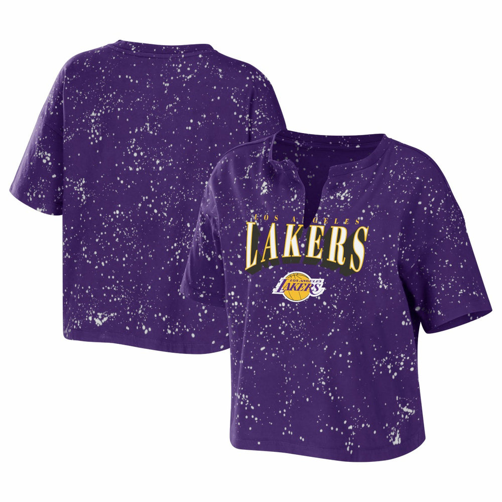 Los Angeles Lakers WEAR by Erin Andrews Women's Bleach Splatter Notch Neck T-Shirt Purple