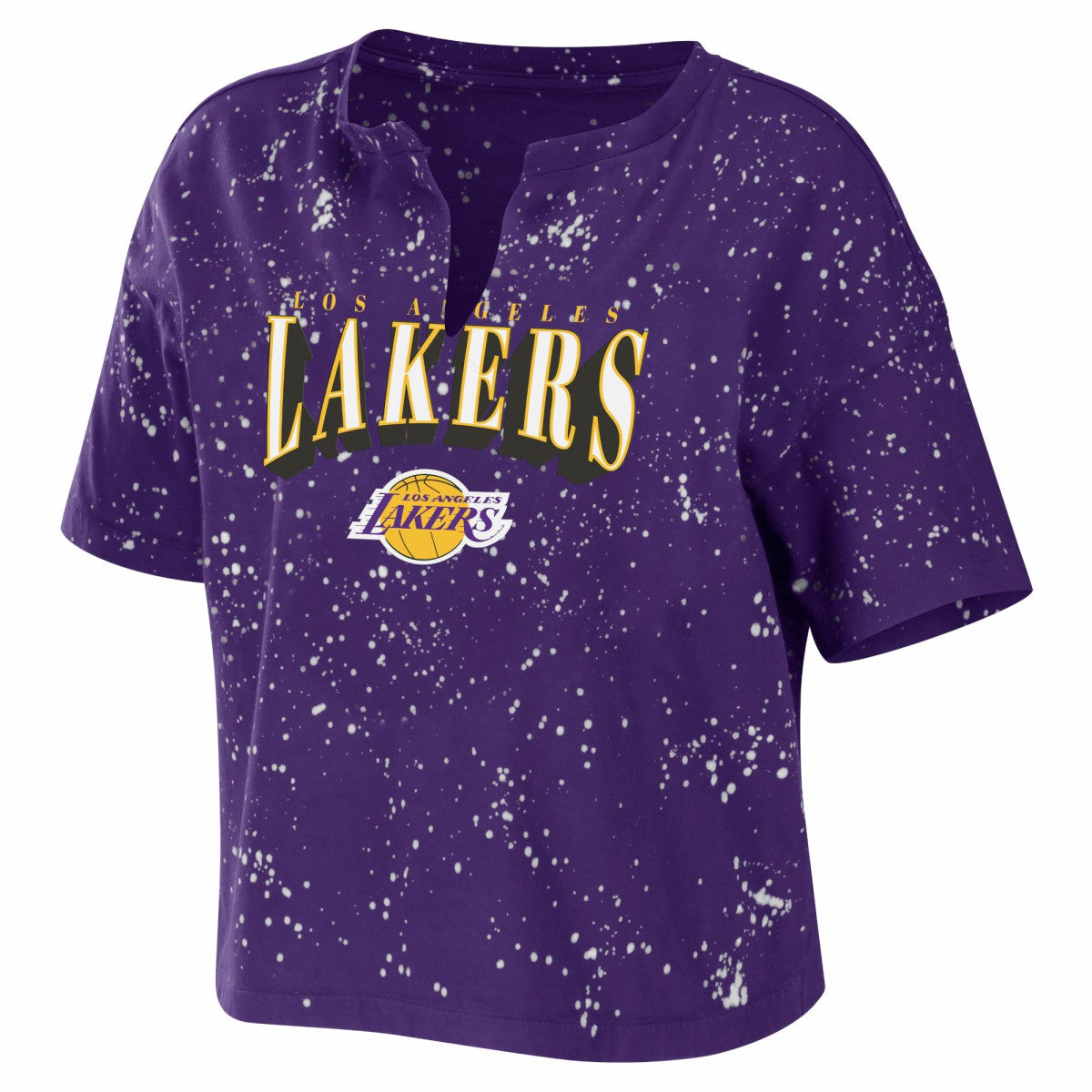 Los Angeles Lakers WEAR by Erin Andrews Women's Bleach Splatter Notch Neck T-Shirt Purple