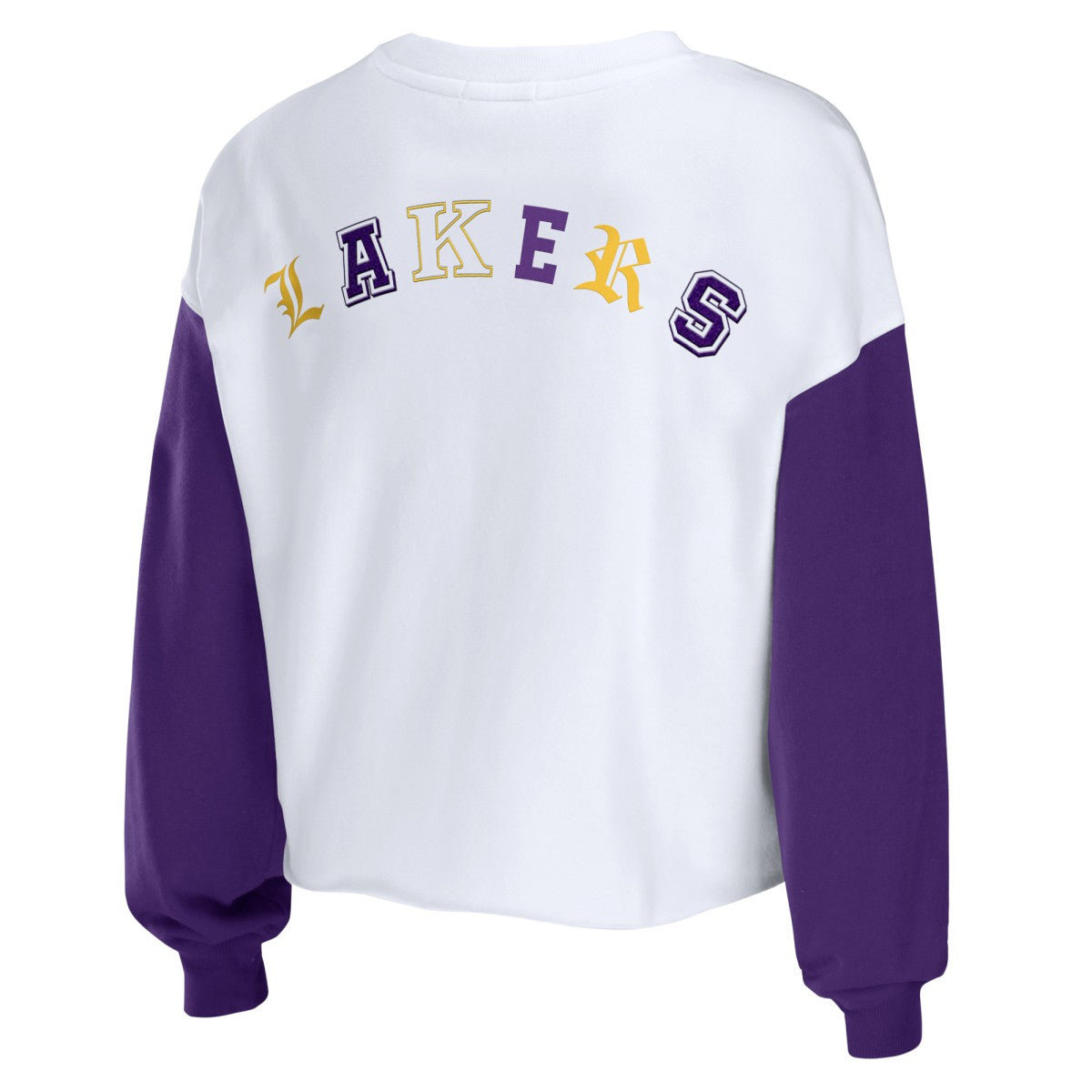 Los Angeles Lakers WEAR by Erin Andrews Women's Mixed Letter Cropped Pullover Sweatshirt Heather Gold