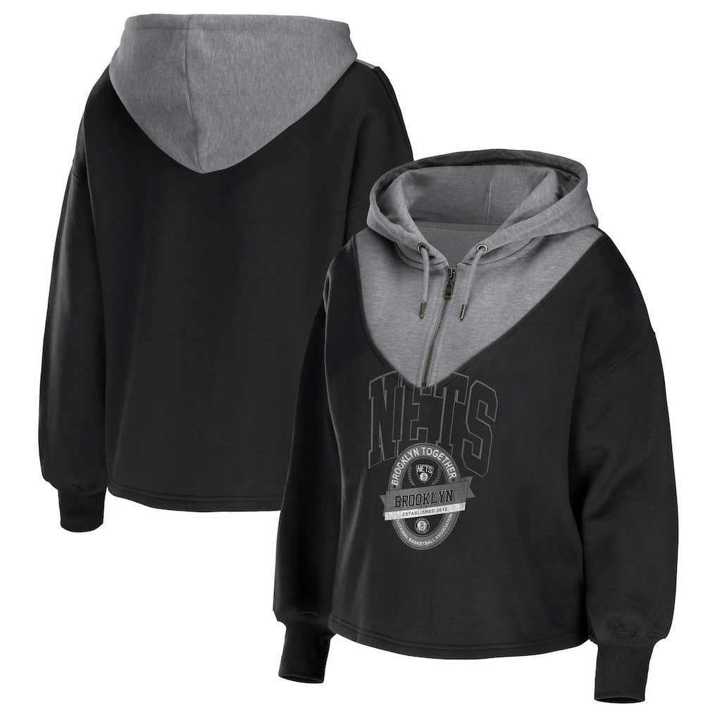 Brooklyn Nets WEAR by Erin Andrews Women's Pieced Quarter-Zip Hoodie Jacket Black