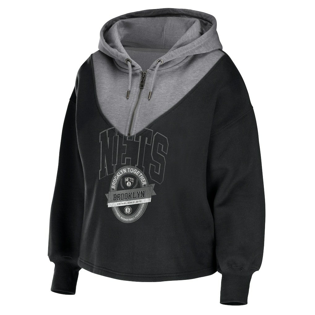 Brooklyn Nets WEAR by Erin Andrews Women's Pieced Quarter-Zip Hoodie Jacket Black