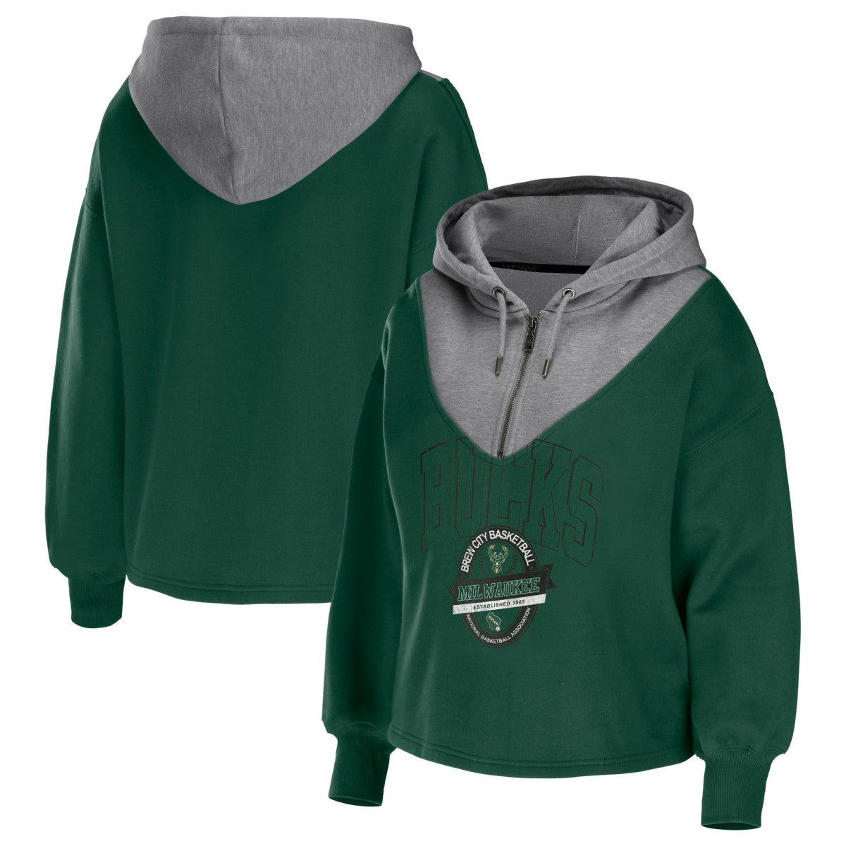 Milwaukee Bucks WEAR by Erin Andrews Women's Pieced Quarter-Zip Hoodie Jacket Hunter Green