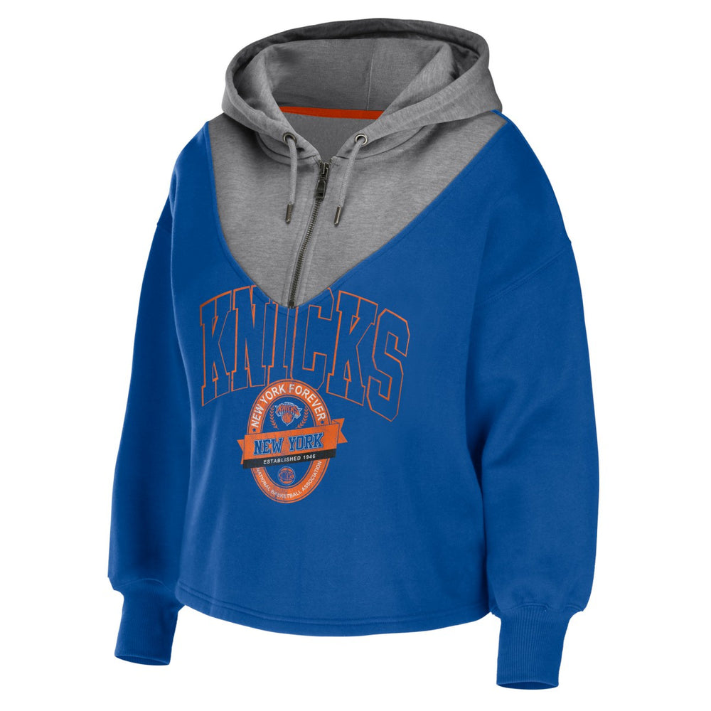 New York Knicks WEAR by Erin Andrews Women's Pieced Quarter-Zip Hoodie Jacket Blue