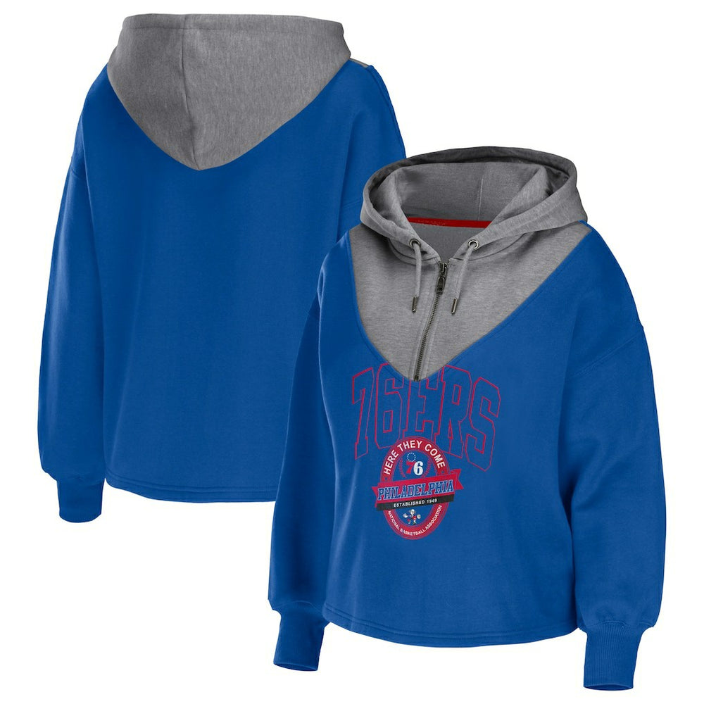 Philadelphia 76ers WEAR by Erin Andrews Women's Pieced Quarter-Zip Hoodie Jacket Royal