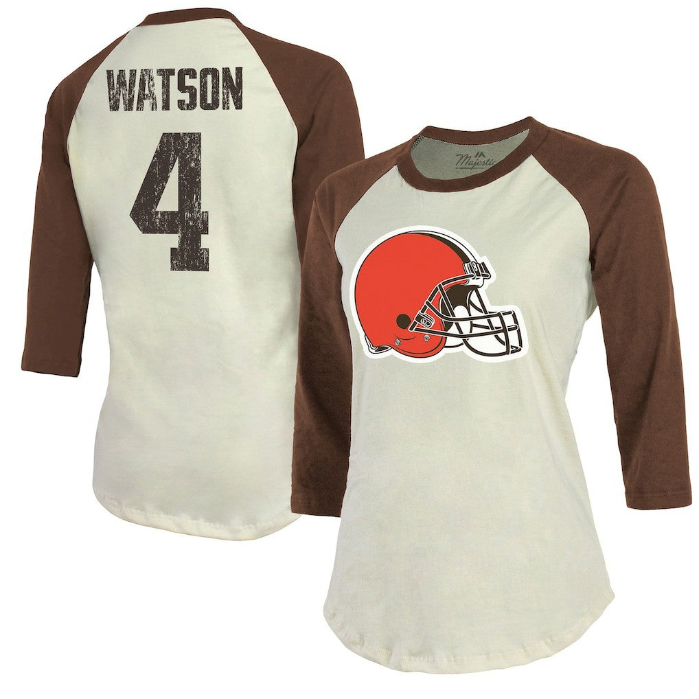 Deshaun Watson Cleveland Browns Majestic Threads Women's Player Name & Number Tri-Blend Three-Quarter Sleeve T-Shirt - Cream - NFL