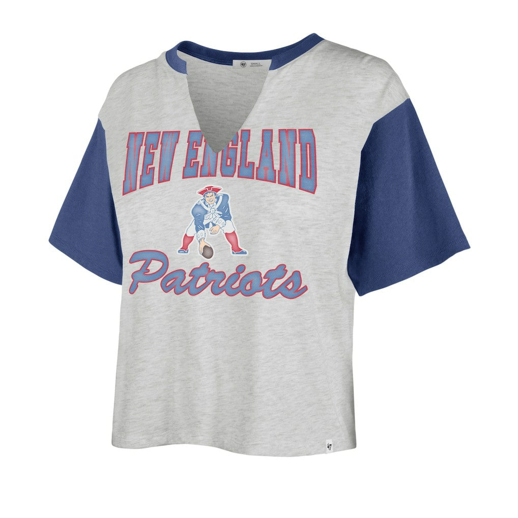 New England Patriots '47 Women's Sandy Daze Dolly V-Neck Cropped T-Shirt - Heather Gray/Royal - 47 brand
