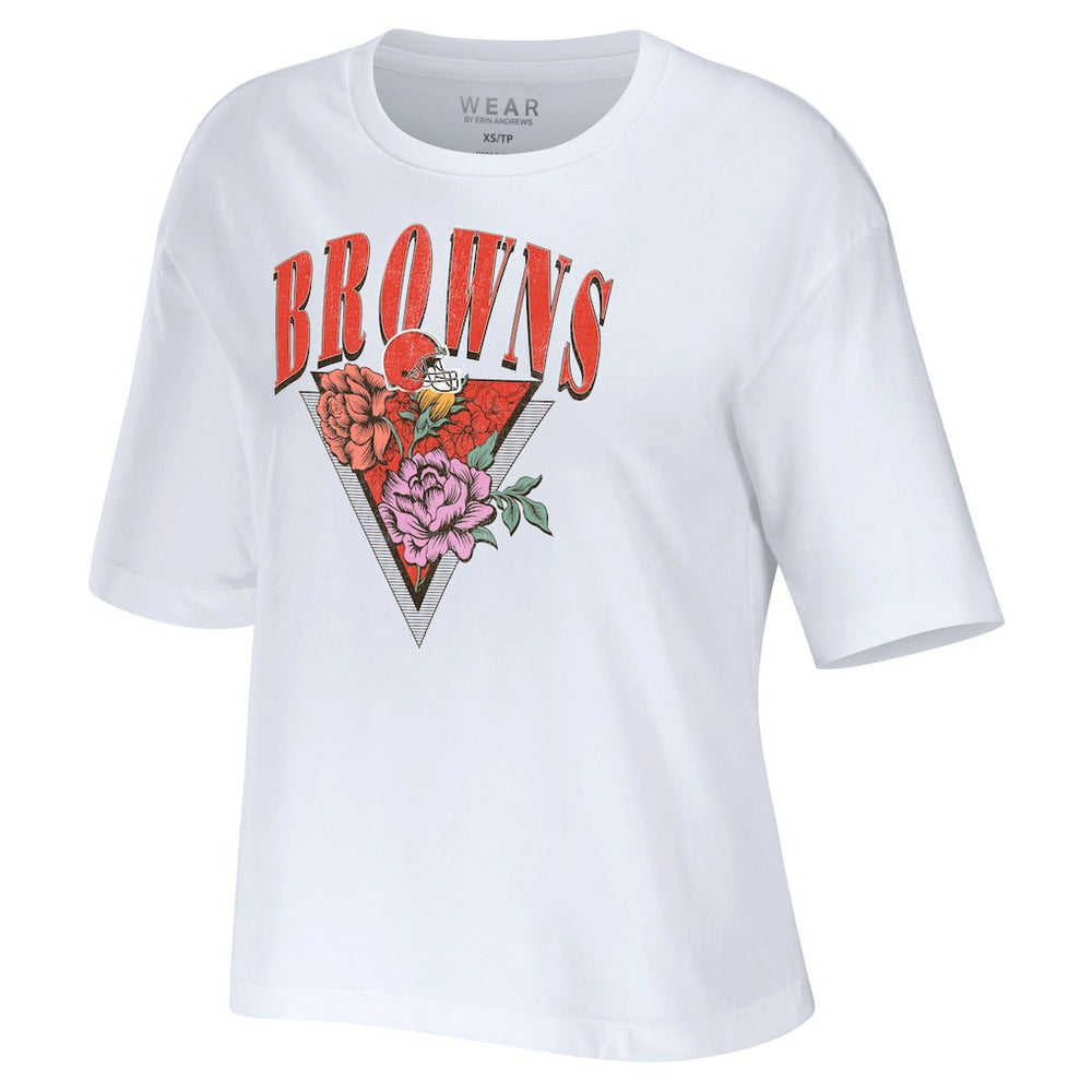 Cleveland Browns WEAR by Erin Andrews Women's Boxy Floral Cropped T-Shirt - White - NFL
