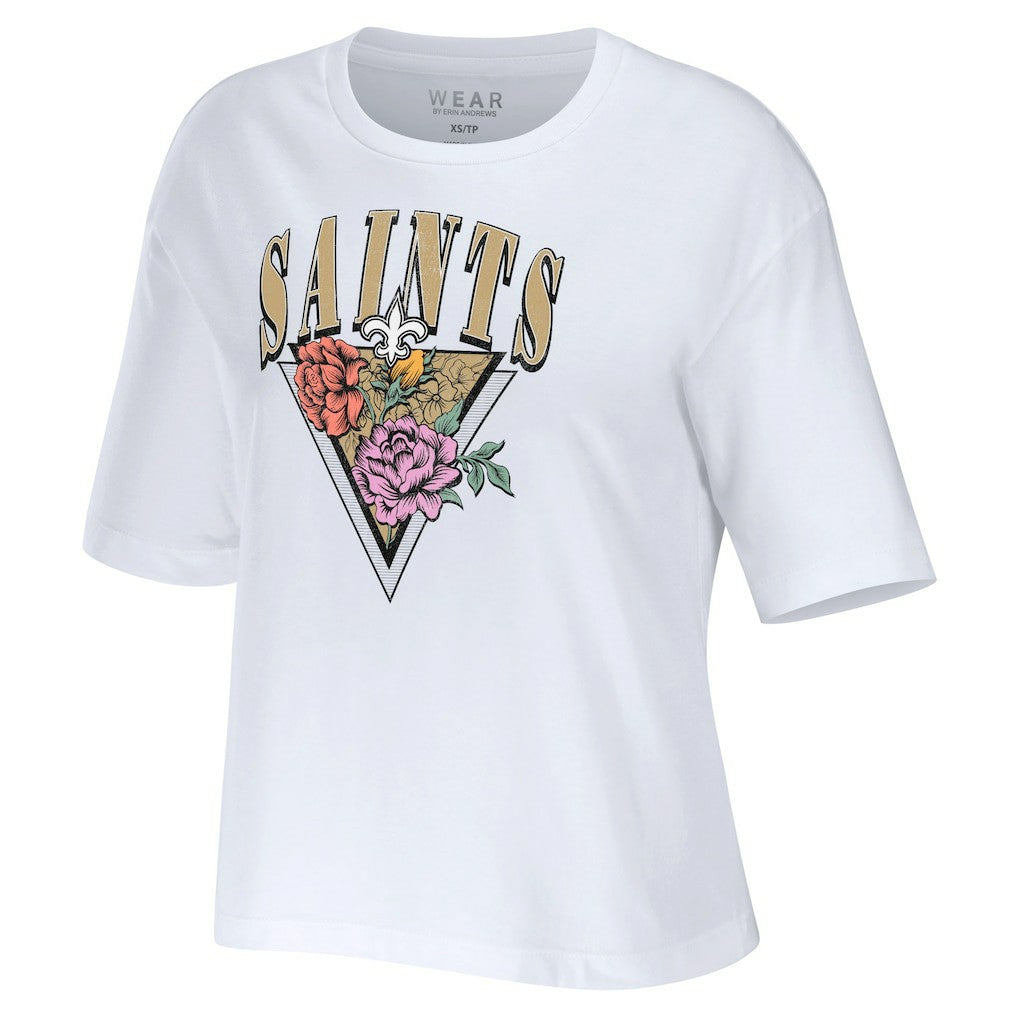 New Orleans Saints WEAR by Erin Andrews Women's Boxy Floral Cropped T-Shirt - White - NFL