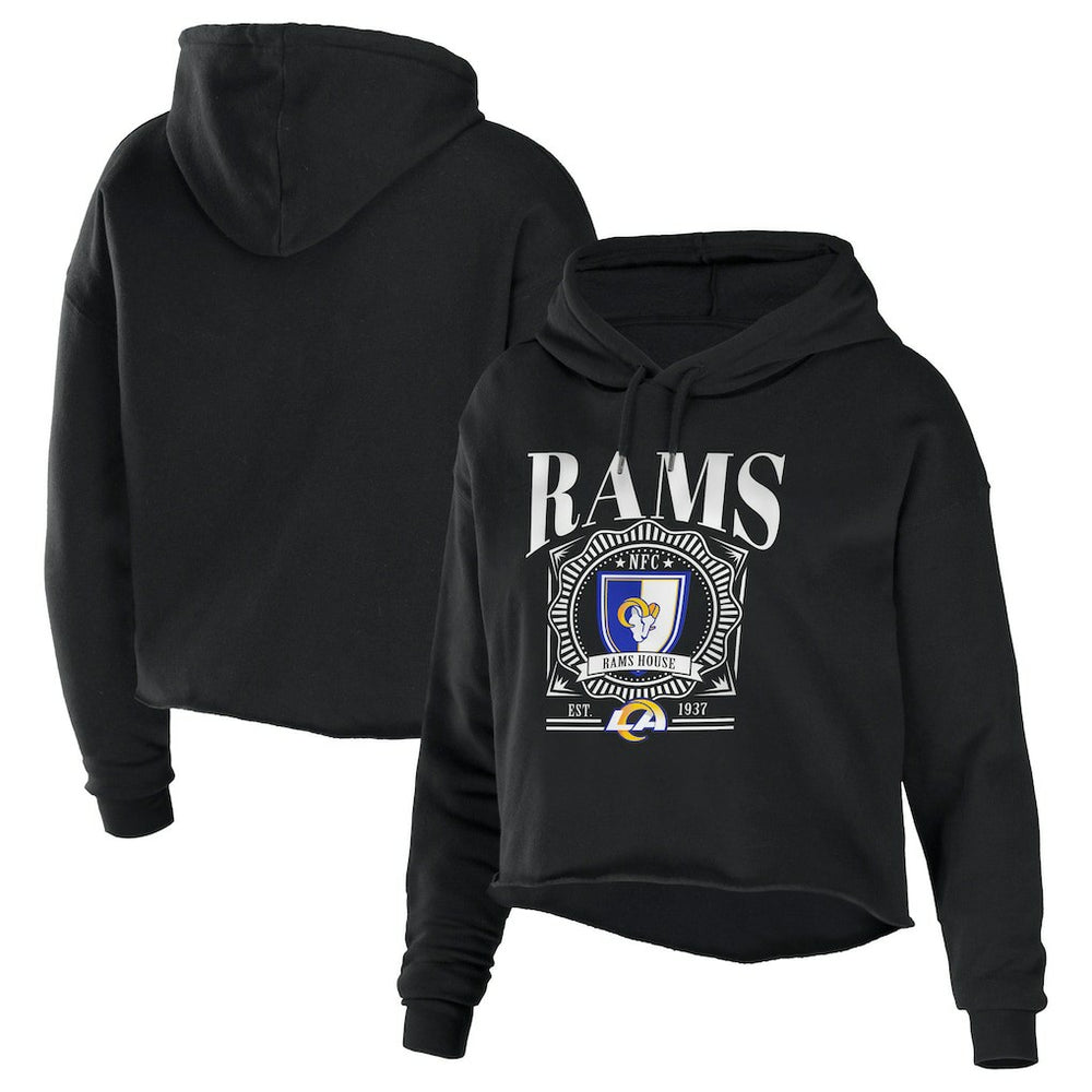 Los Angeles Rams WEAR by Erin Andrews Women's Cropped Sponge Fleece Pullover Hoodie - Black - NFL