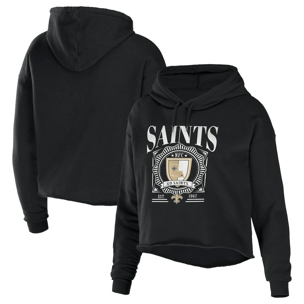 New Orleans Saints WEAR by Erin Andrews Women's Cropped Sponge Fleece Pullover Hoodie - Black - NFL