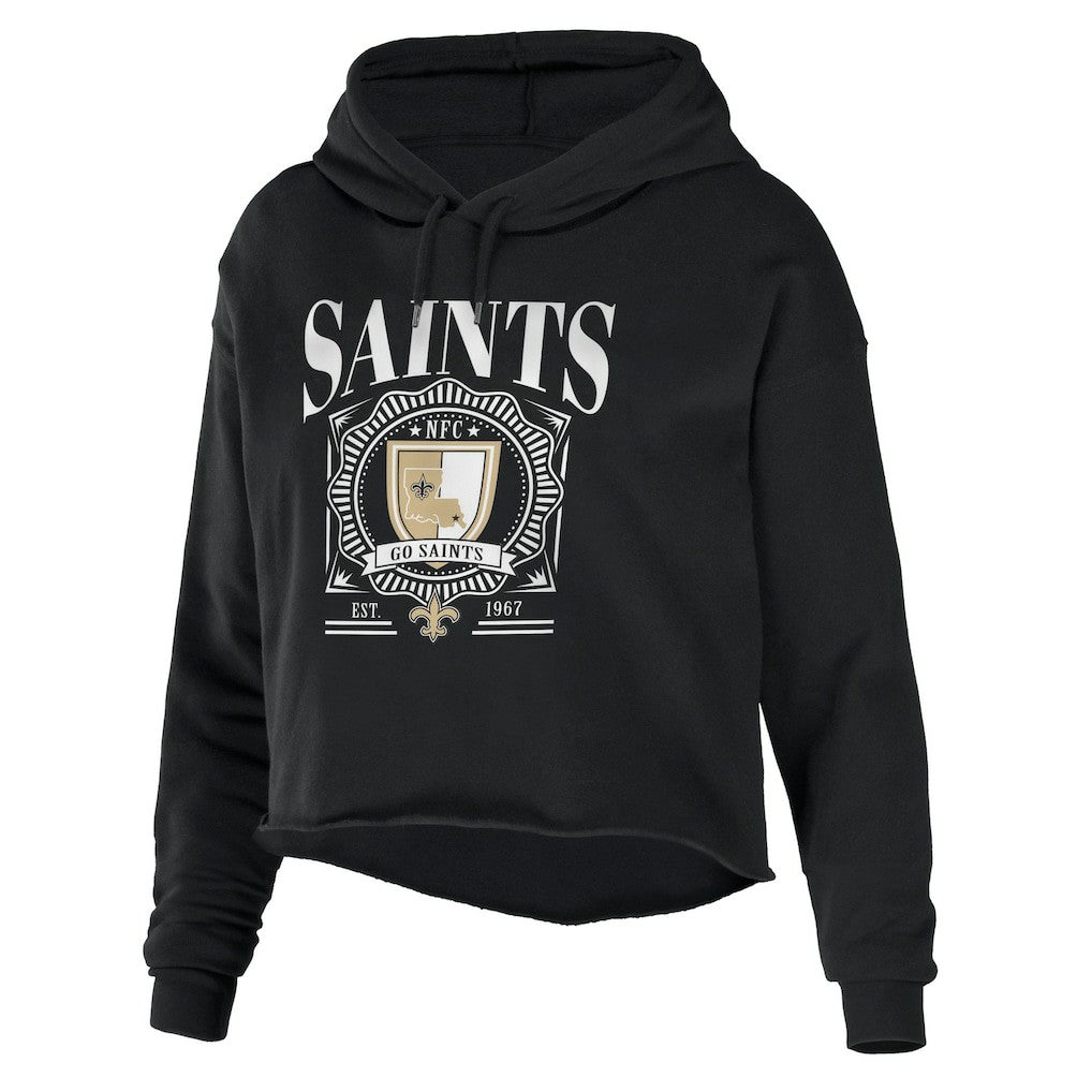 New Orleans Saints WEAR by Erin Andrews Women's Cropped Sponge Fleece Pullover Hoodie - Black - NFL