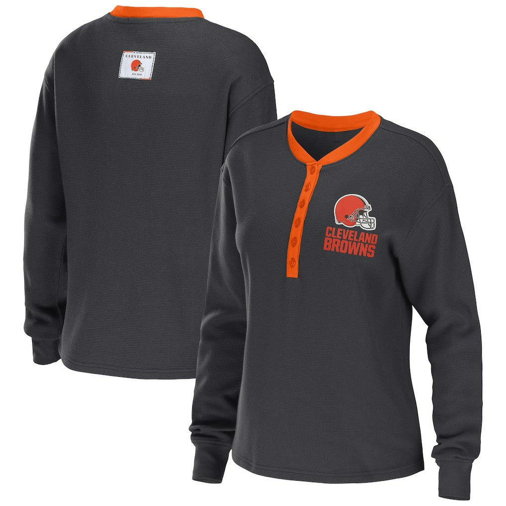 Cleveland Browns WEAR by Erin Andrews Women's Waffle Henley Long Sleeve T-Shirt - Charcoal - NFL