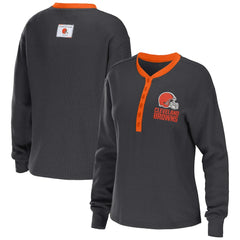 Cleveland Browns WEAR by Erin Andrews Women's Waffle Henley Long Sleeve T-Shirt - Charcoal - NFL