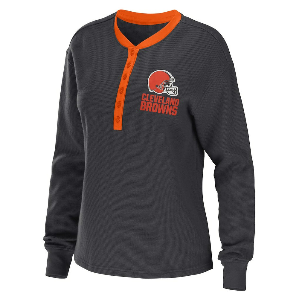 Cleveland Browns WEAR by Erin Andrews Women's Waffle Henley Long Sleeve T-Shirt - Charcoal - NFL