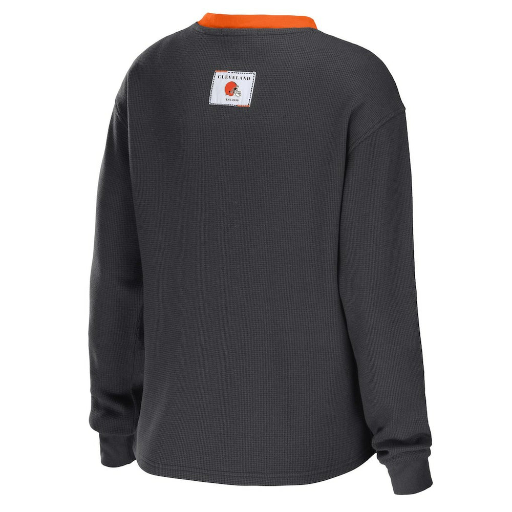 Cleveland Browns WEAR by Erin Andrews Women's Waffle Henley Long Sleeve T-Shirt - Charcoal - NFL