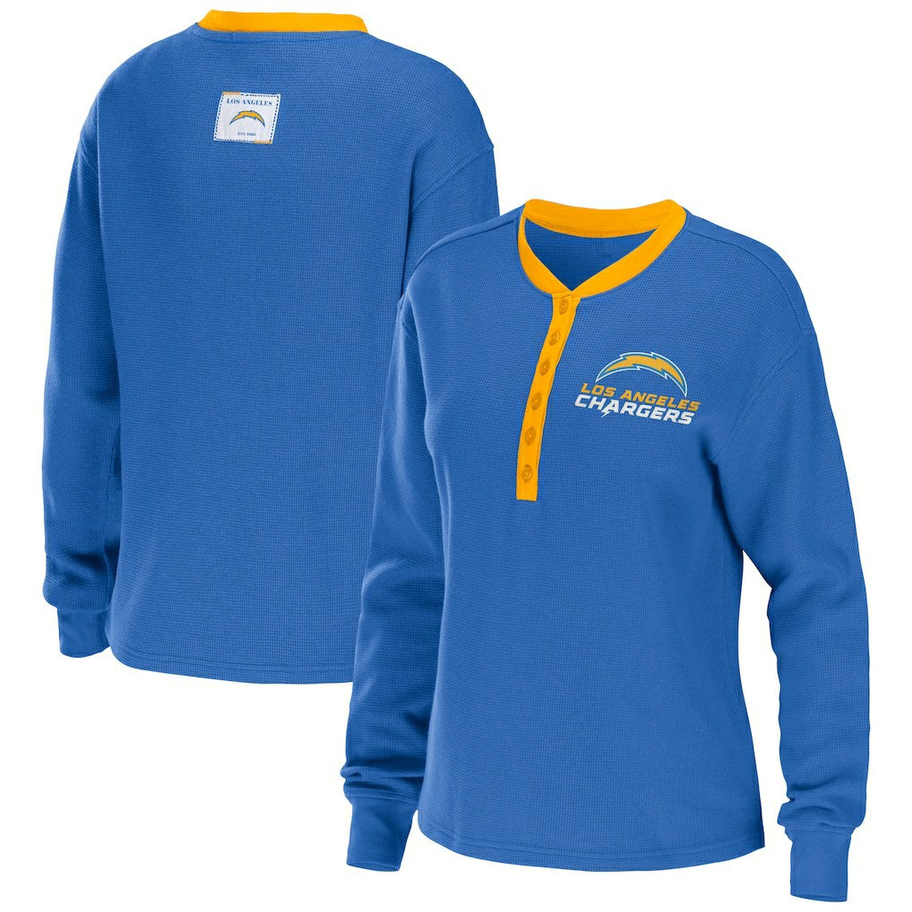 Los Angeles Chargers WEAR by Erin Andrews Women's Waffle Henley Long Sleeve T-Shirt - Powder Blue - NFL