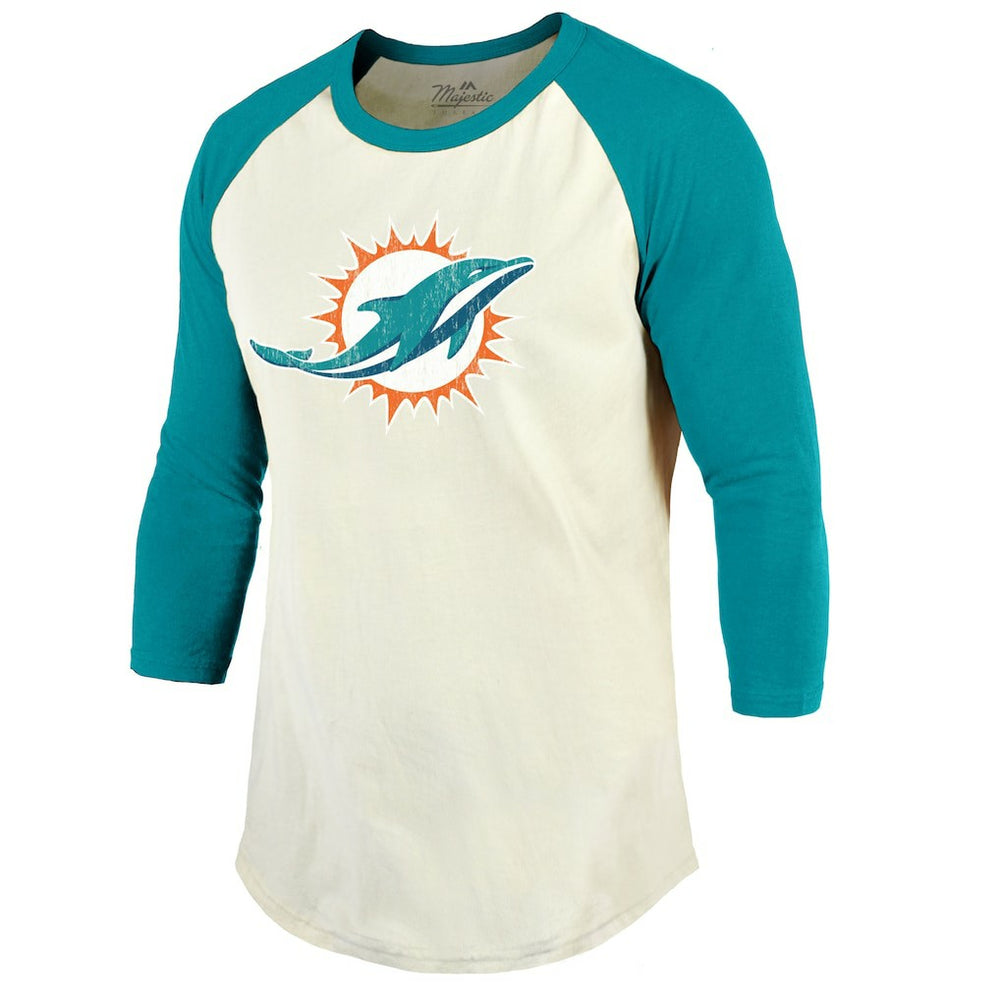 Tyreek Hill Miami Dolphins Majestic Threads Vintage Player Name & Number Raglan 3/4-Sleeve T-Shirt - Cream/Aqua - NFL