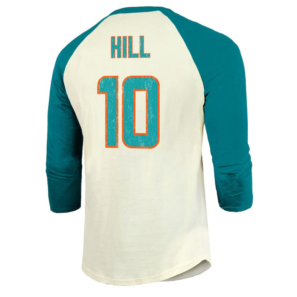 Tyreek Hill Miami Dolphins Majestic Threads Vintage Player Name & Number Raglan 3/4-Sleeve T-Shirt - Cream/Aqua - NFL