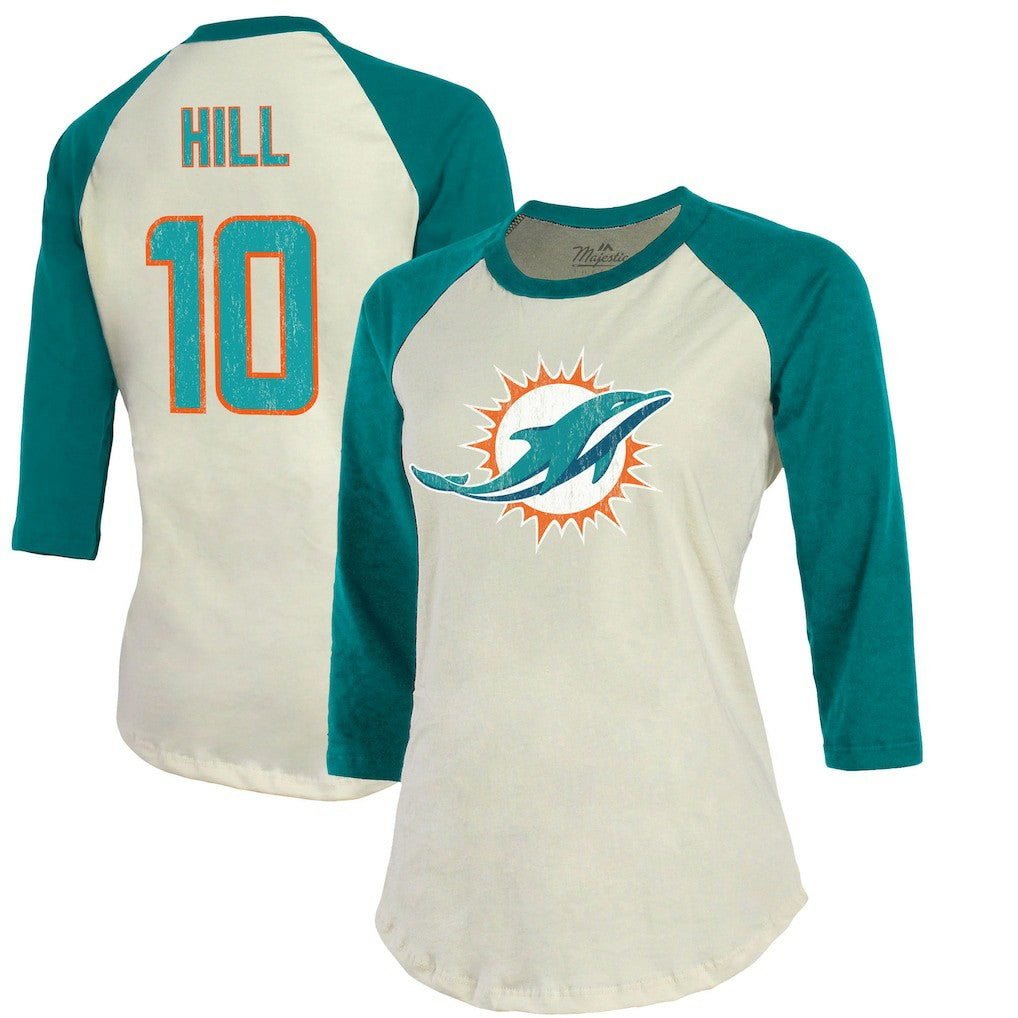 Tyreek Hill Miami Dolphins Majestic Threads Vintage Player Name & Number Raglan 3/4-Sleeve T-Shirt - Cream/Aqua - NFL