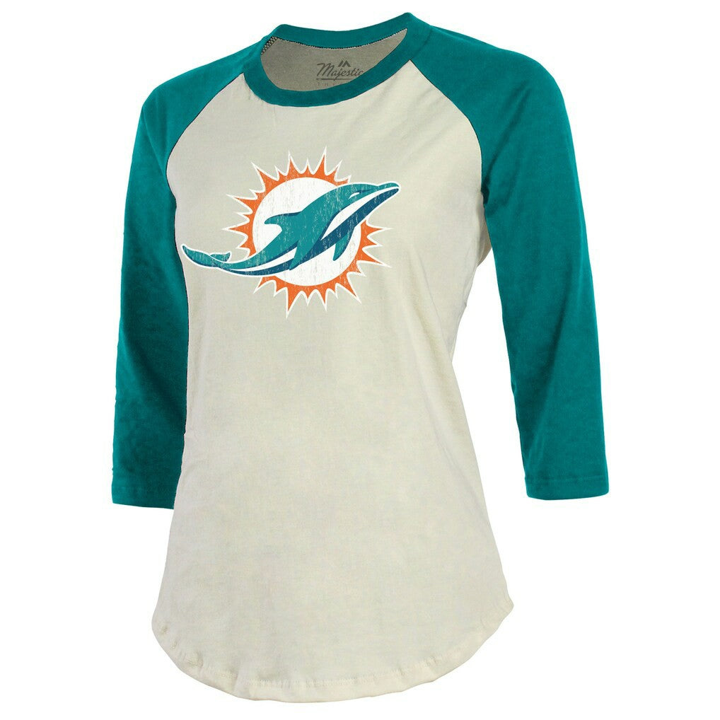 Tyreek Hill Miami Dolphins Majestic Threads Vintage Player Name & Number Raglan 3/4-Sleeve T-Shirt - Cream/Aqua - NFL
