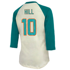 Tyreek Hill Miami Dolphins Majestic Threads Vintage Player Name & Number Raglan 3/4-Sleeve T-Shirt - Cream/Aqua - NFL