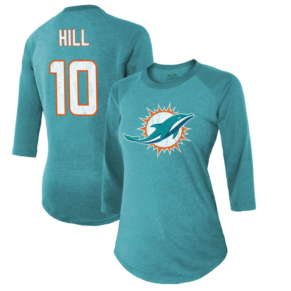 Tyreek Hill Miami Dolphins Majestic Threads Women's Name & Number Raglan 3/4 Sleeve T-Shirt - Aqua - NFL