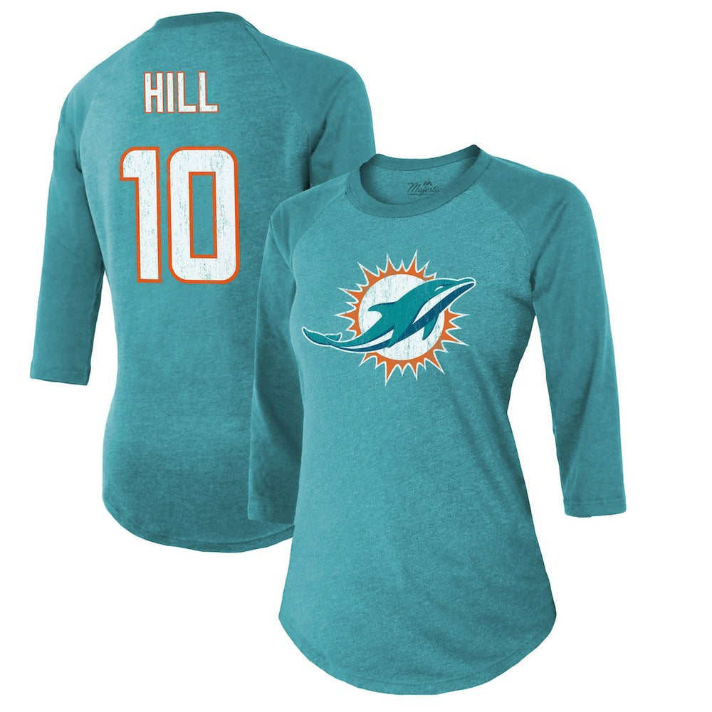 Tyreek Hill Miami Dolphins Majestic Threads Women's Name & Number Raglan 3/4 Sleeve T-Shirt - Aqua - NFL