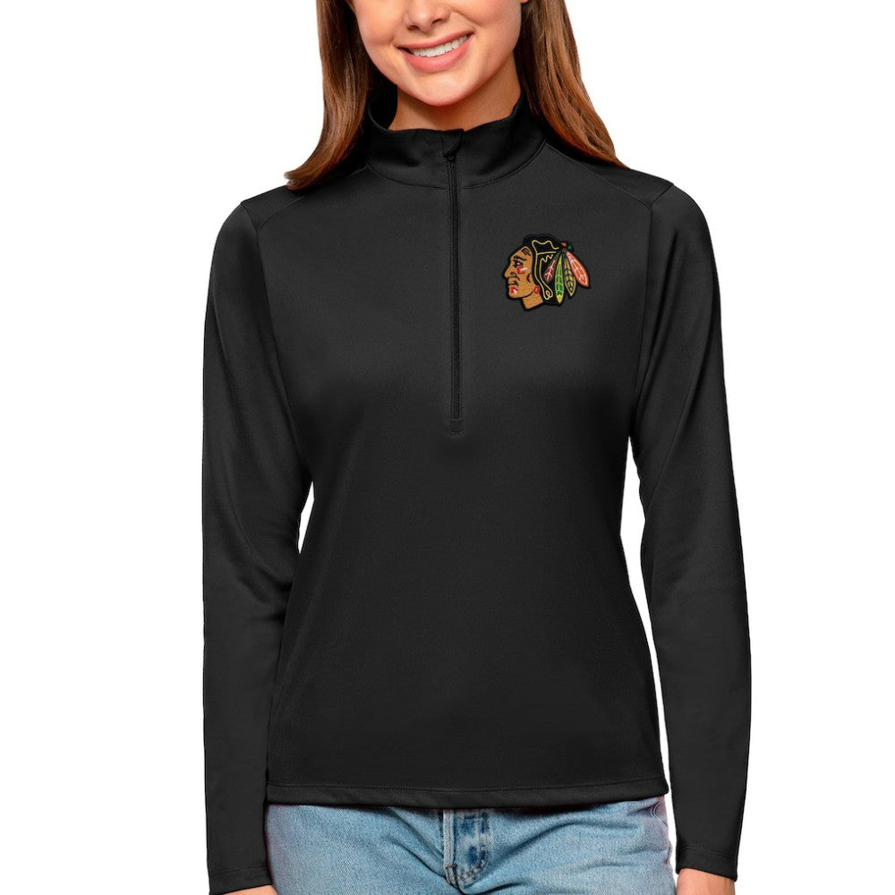 Chicago Blackhawks Antigua Women's Tribute Quarter-Zip Pullover Top - Black | NHL online