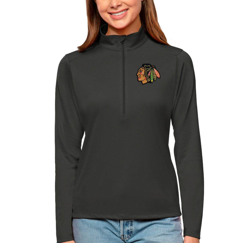 Chicago Blackhawks Antigua Women's Tribute Quarter-Zip Pullover Top - Charcoal | NHL Lifestyle