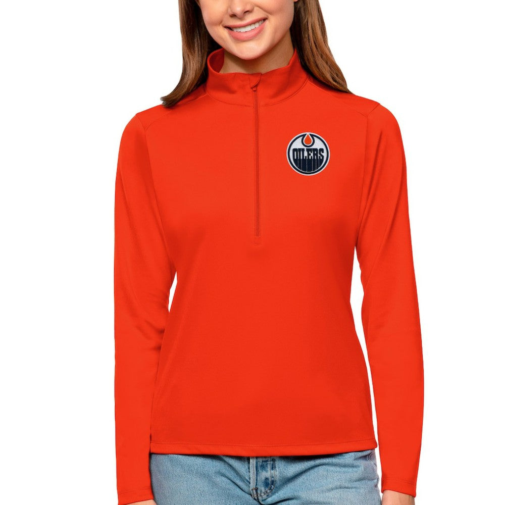 Edmonton Oilers Antigua Women's Tribute Quarter-Zip Pullover Top - Orange | NHL Clearance