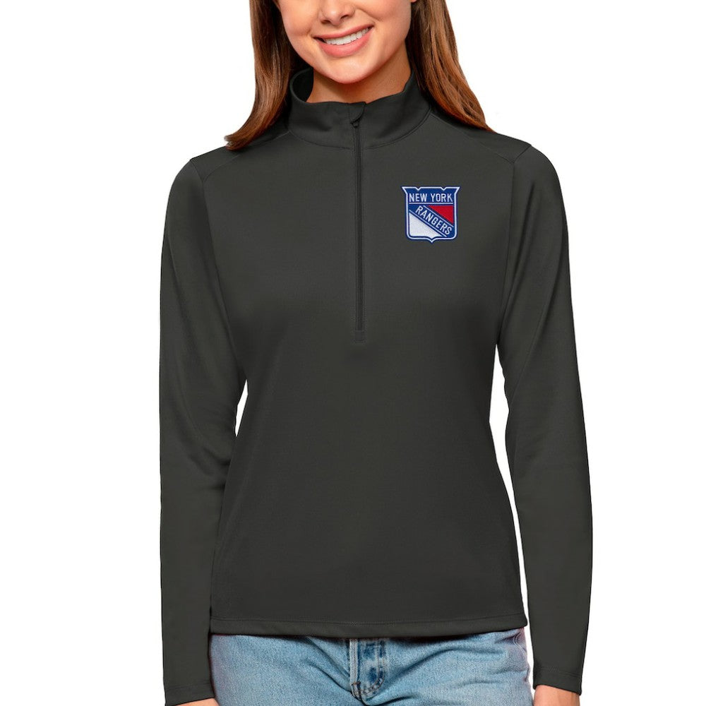 New York Rangers Antigua Women's Tribute Quarter-Zip Pullover Top - Charcoal | NHL Clearance