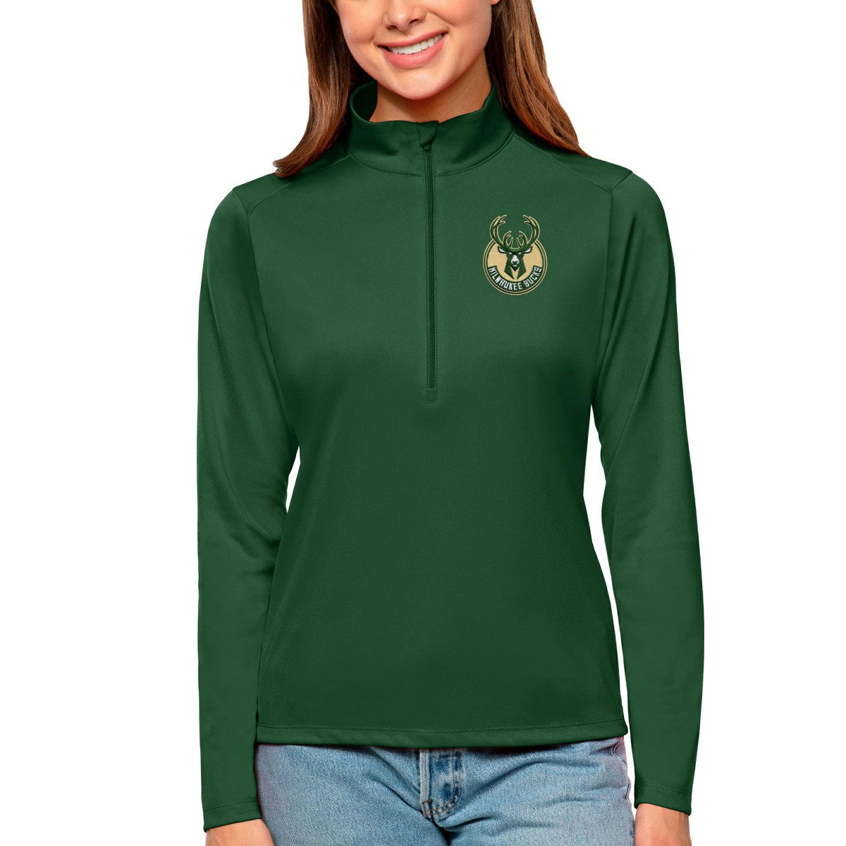Milwaukee Bucks Antigua Women's Tribute Half-Zip Top Hunter Green
