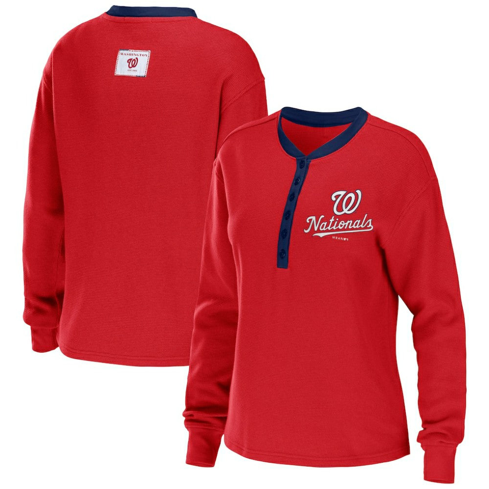 Washington Nationals WEAR by Erin Andrews Women's Waffle Henley Long Sleeve T-Shirt Near Me