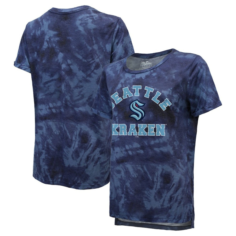 Seattle Kraken Majestic Threads Women's Boyfriend Tie-Dye T-Shirt - Deep Sea Blue | NHL discount