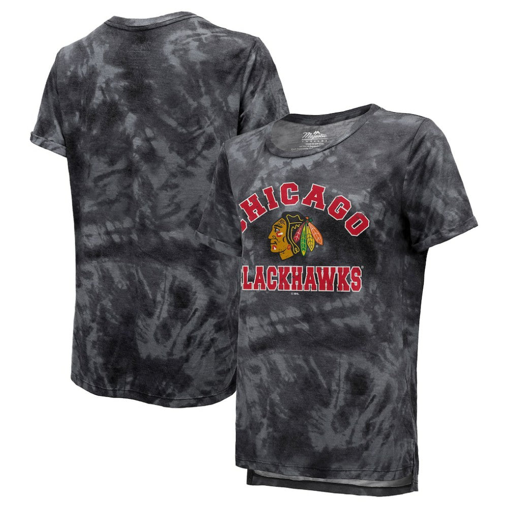 Chicago Blackhawks Majestic Threads Women's Boyfriend Tie-Dye Tri-Blend T-Shirt - Black | NHL on sale