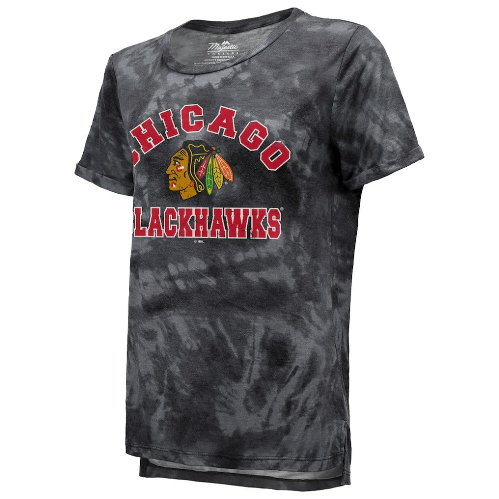 Chicago Blackhawks Majestic Threads Women's Boyfriend Tie-Dye Tri-Blend T-Shirt - Black | NHL on sale