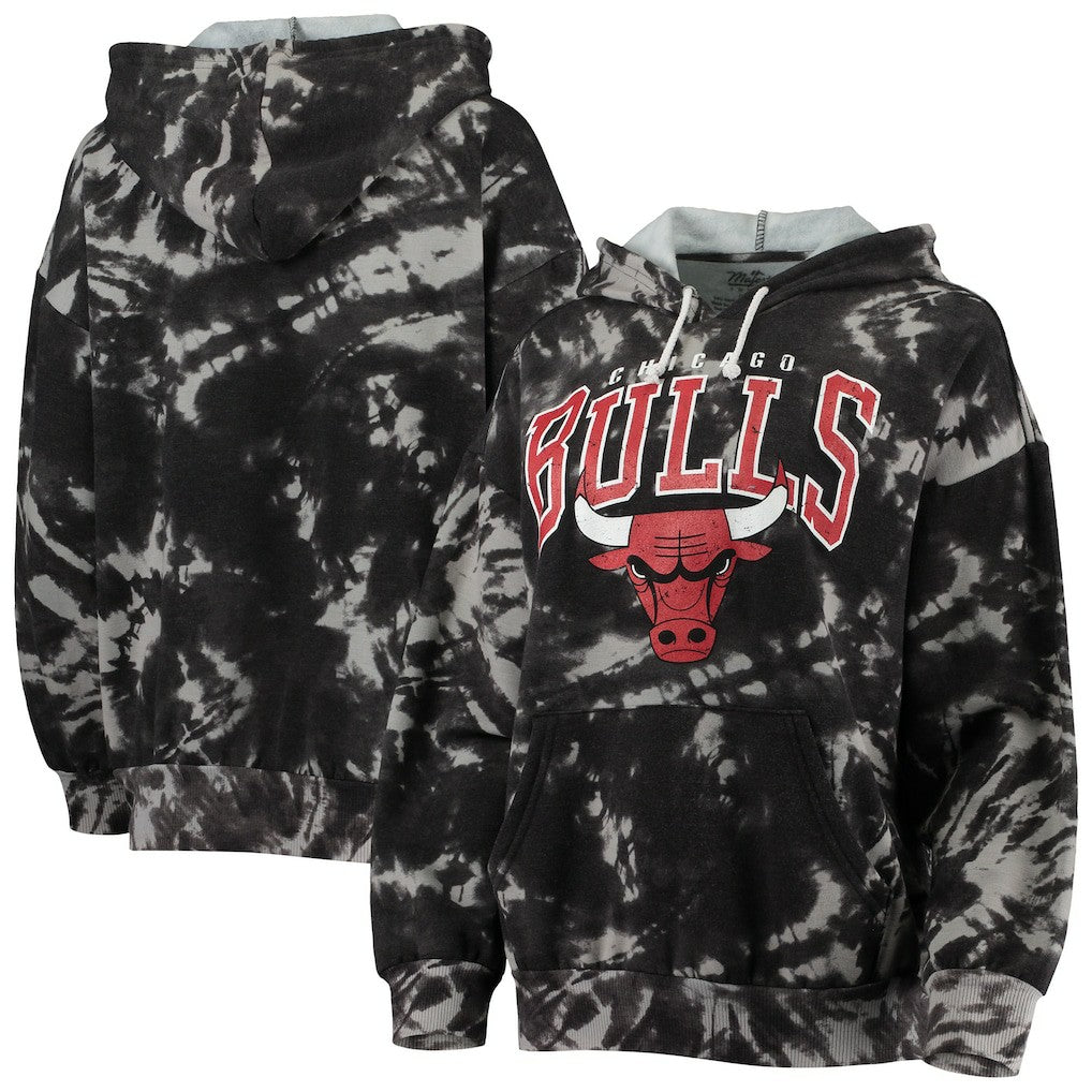 Chicago Bulls Majestic Threads Women's Burble Tie-Dye Tri-Blend Pullover Hoodie Black