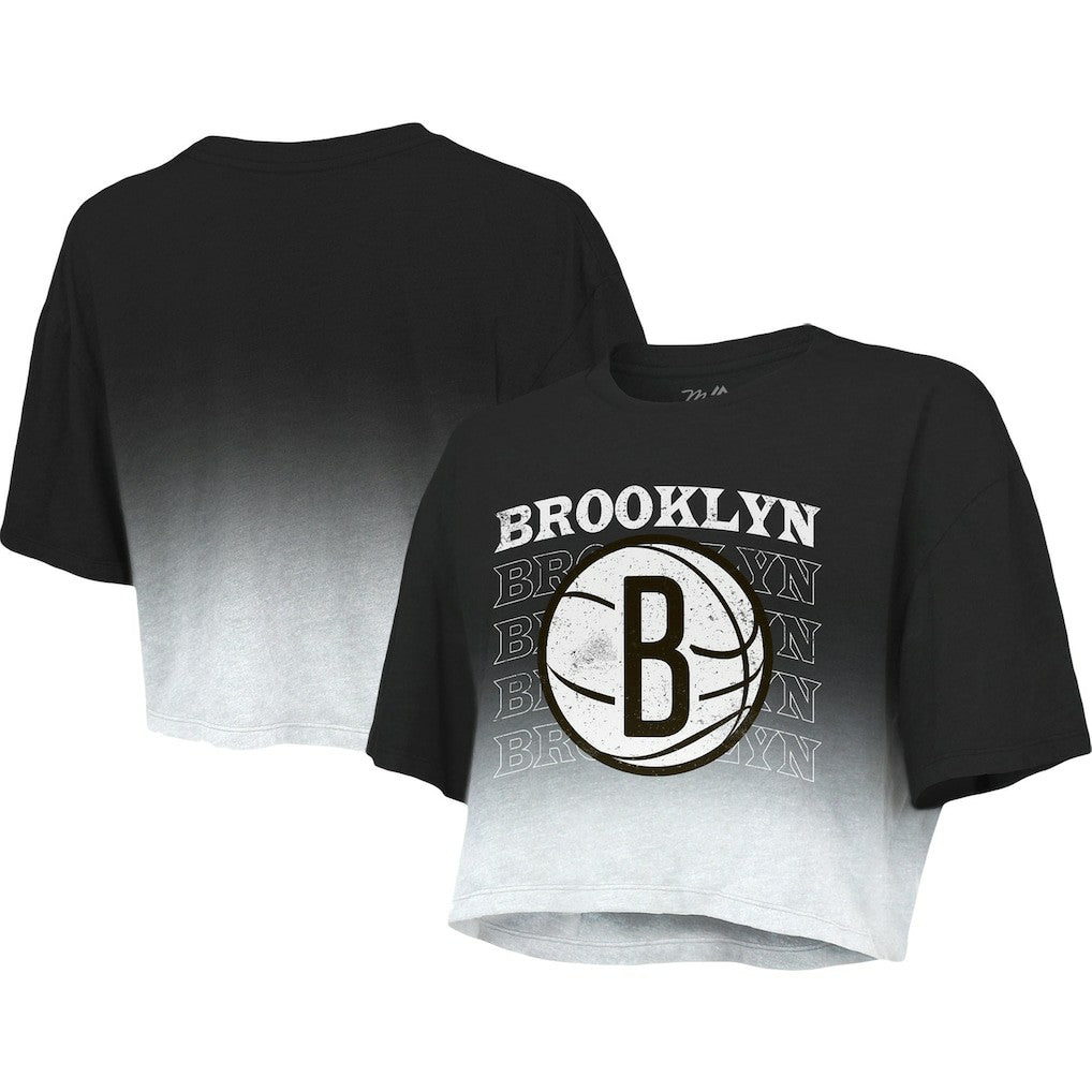 Brooklyn Nets Majestic Threads Women's Repeat Dip-Dye Cropped T-Shirt Black/White