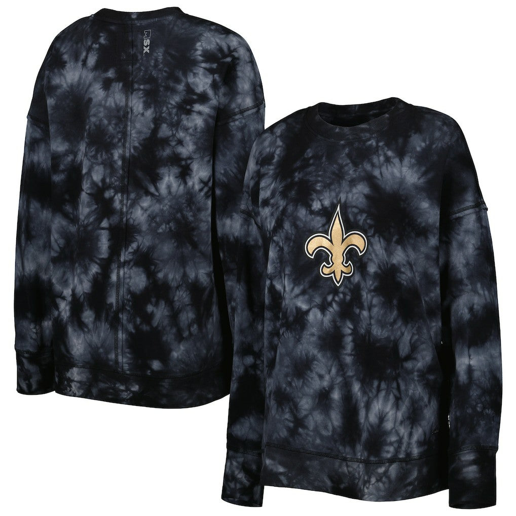 New Orleans Saints MSX by Michael Strahan Women's Bailey Tie-Dye Tri-Blend Pullover Sweatshirt - Black - NFL