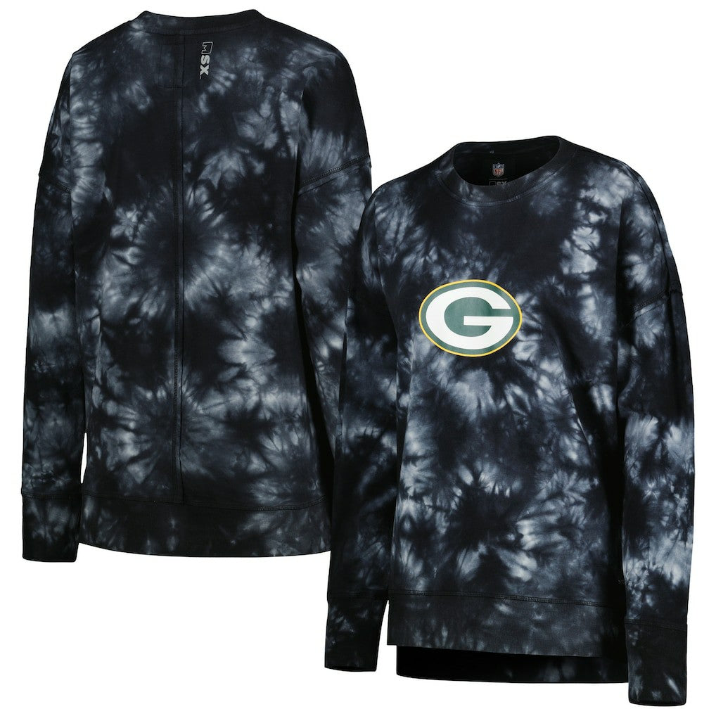 Green Bay Packers MSX by Michael Strahan Women's Bailey Tie-Dye Tri-Blend Pullover Sweatshirt - Black - NFL