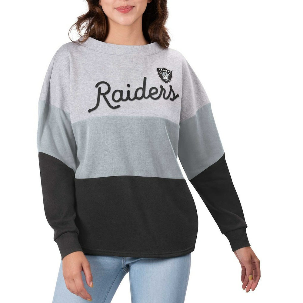 Las Vegas Raiders Touch Women's Outfield Deep V-Back Waist Length Pullover Sweatshirt - Heather Gray/Black - NFL