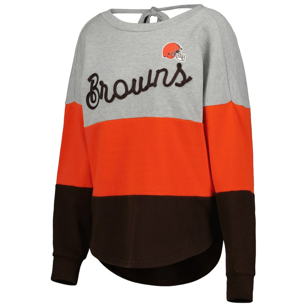 Cleveland Browns Touch Women's Outfield Deep V-Back Waist Length Pullover Sweatshirt - Heather Gray/Brown - NFL