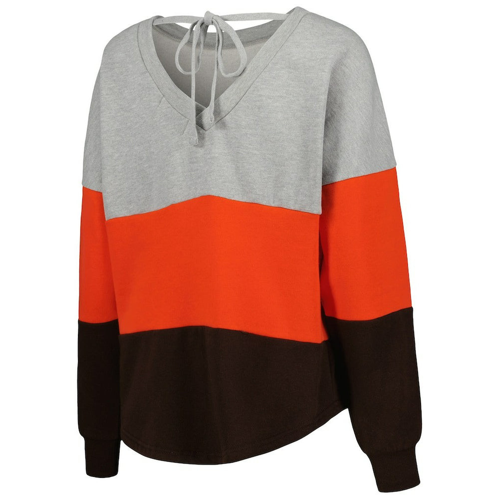 Cleveland Browns Touch Women's Outfield Deep V-Back Waist Length Pullover Sweatshirt - Heather Gray/Brown - NFL