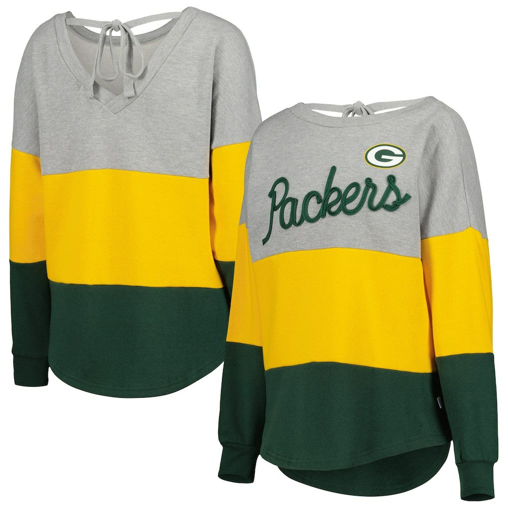 Green Bay Packers Touch Women's Outfield Deep V-Back Waist Length Pullover Sweatshirt - Heather Gray/Green - NFL
