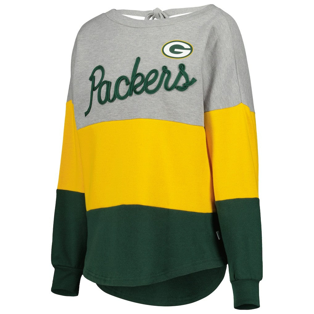 Green Bay Packers Touch Women's Outfield Deep V-Back Waist Length Pullover Sweatshirt - Heather Gray/Green - NFL