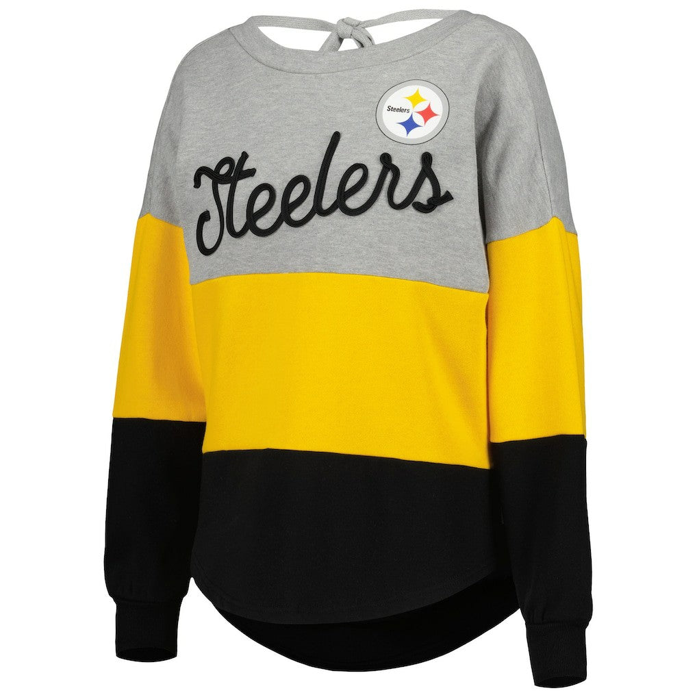 Pittsburgh Steelers Touch Women's Outfield Deep V-Back Waist Length Pullover Sweatshirt - Heather Gray/Black - NFL