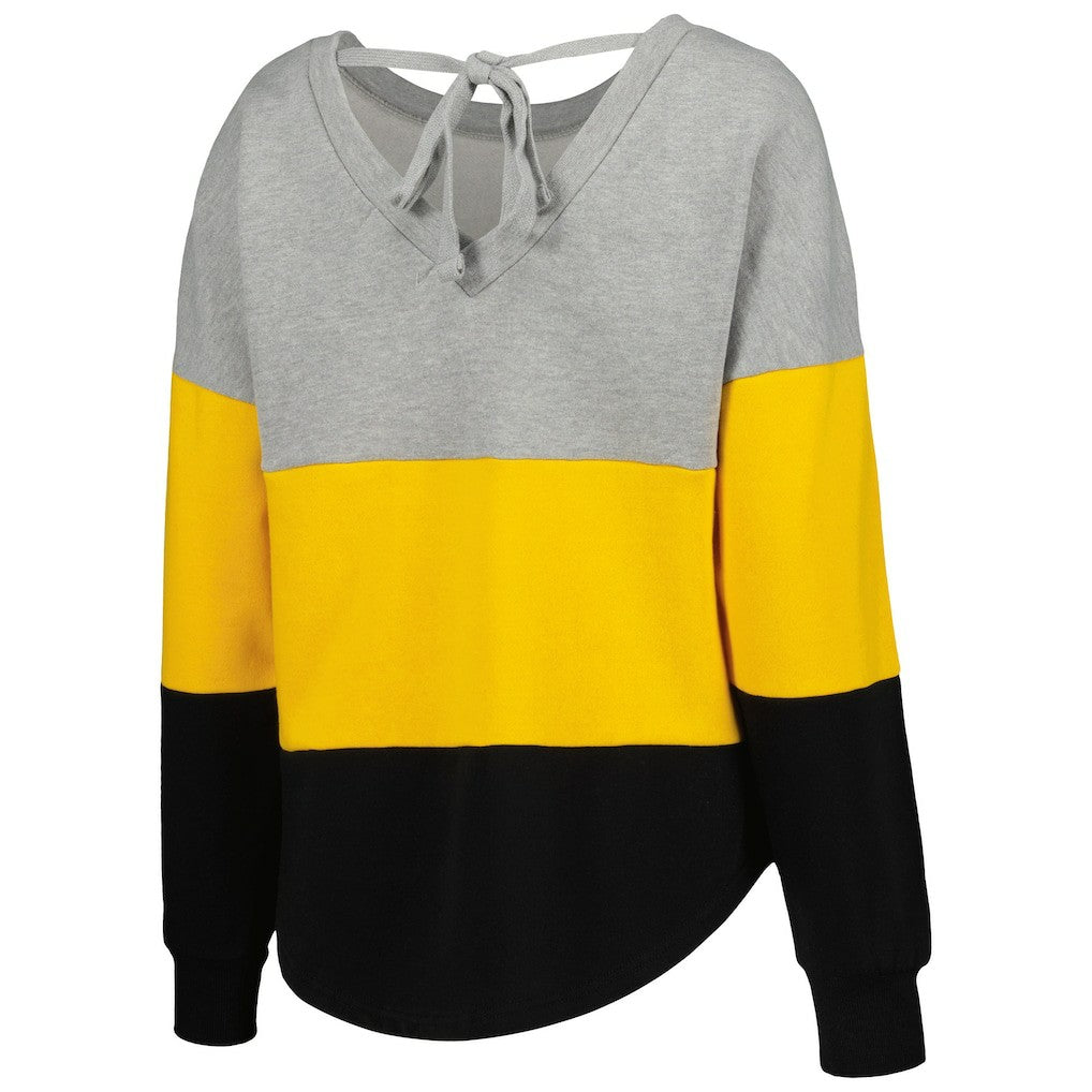 Pittsburgh Steelers Touch Women's Outfield Deep V-Back Waist Length Pullover Sweatshirt - Heather Gray/Black - NFL