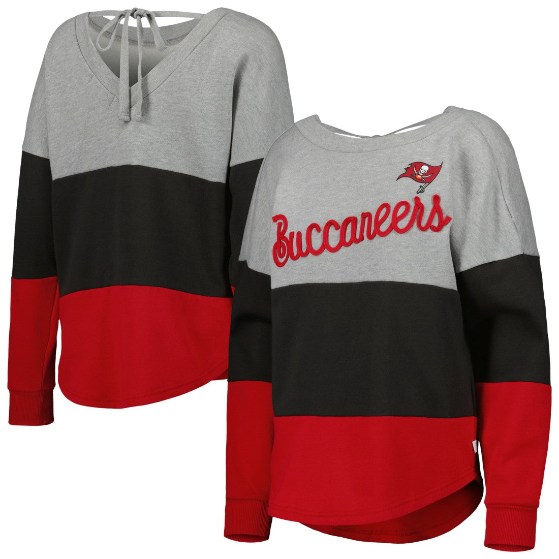 Tampa Bay Buccaneers Touch Women's Outfield Deep V-Back Waist Length Pullover Sweatshirt - Heather Gray/Red - NFL